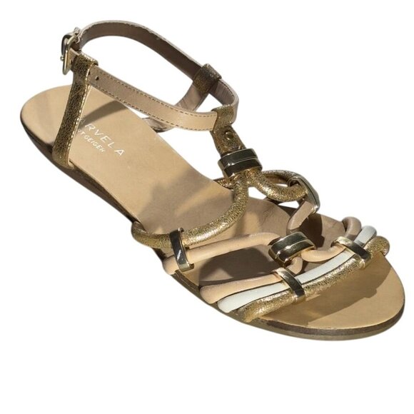 CARVELA Kurt Geiger Gold Cream Strappy Sandals Womens Leather Flats Size 7 - Picture 10 of 14
